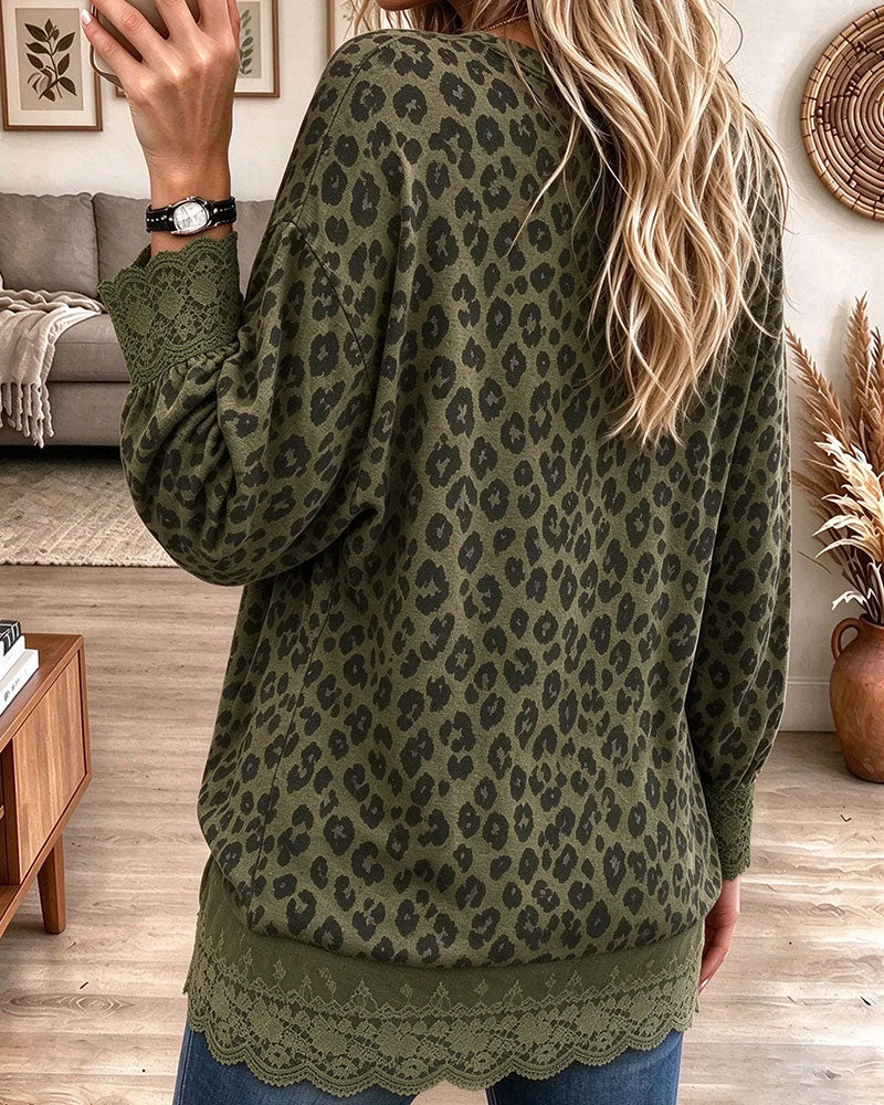 Bluse Spitzeneinsatz Leopardenprint