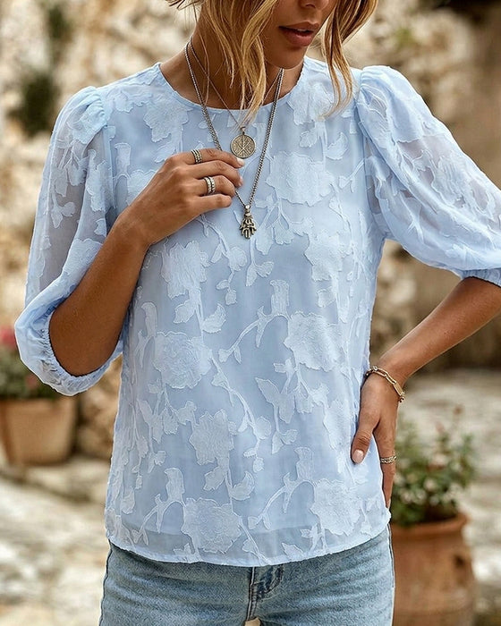 Rundhals-Bluse Mit Puffärmeln
