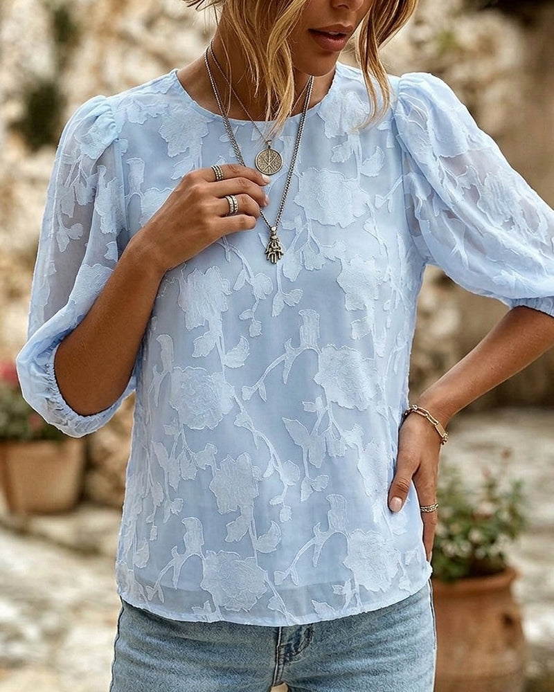 Rundhals-Bluse Mit Puffärmeln