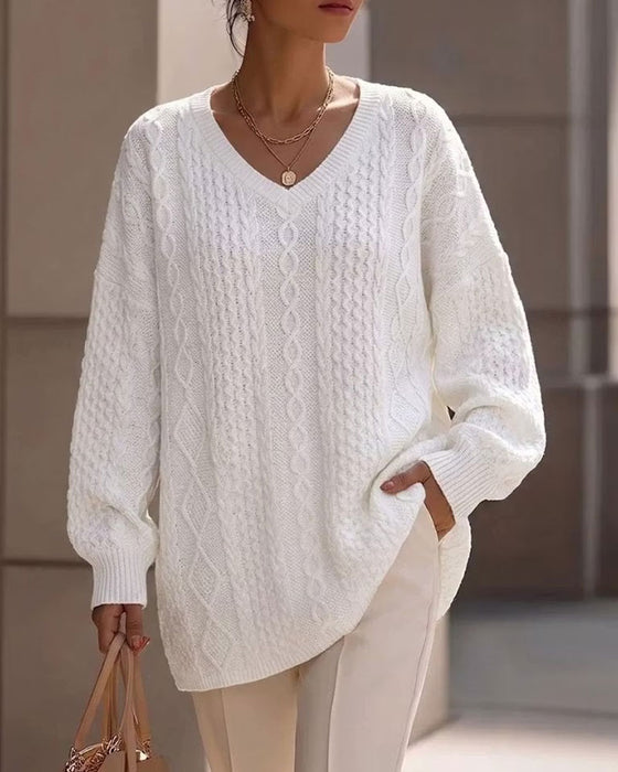 Pullover V-Ausschnitt Stilvoll Uni Locker Gestrickt