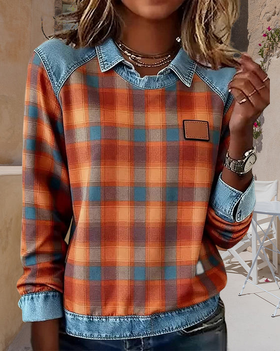 Sweatshirt Revers kariert Denim Patchwork