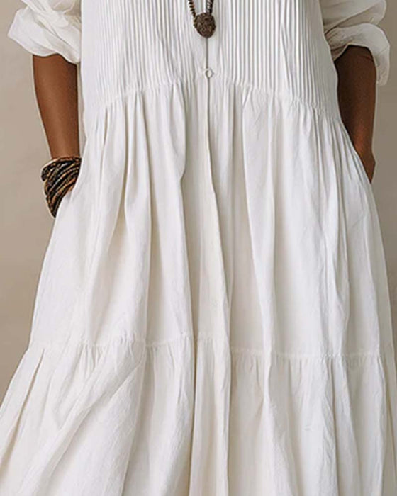 Kleid Rundhals Weiter Rock Gerafft