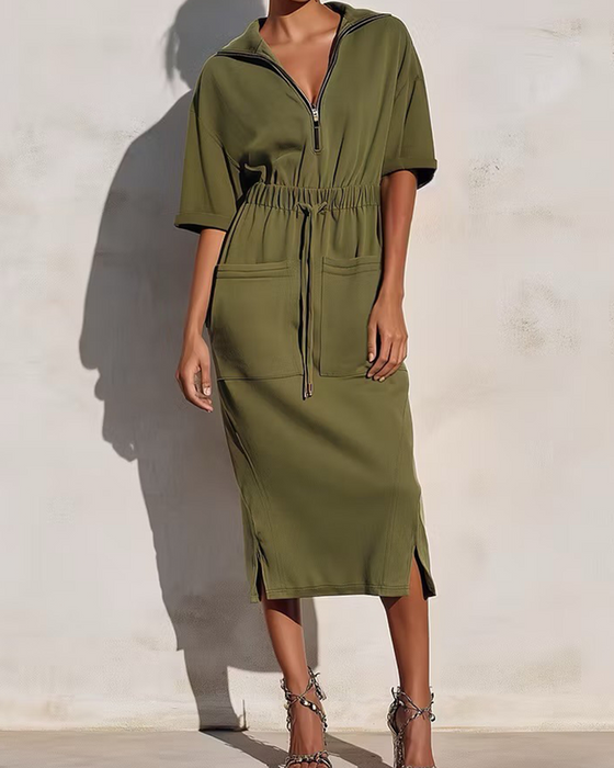 Kleid Reißverschluss Revers Taille Tasche