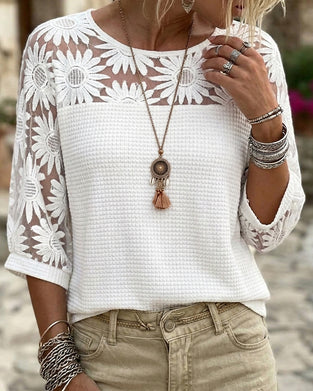 T-Shirt Runder Hals Spitze Waffel Patchwork