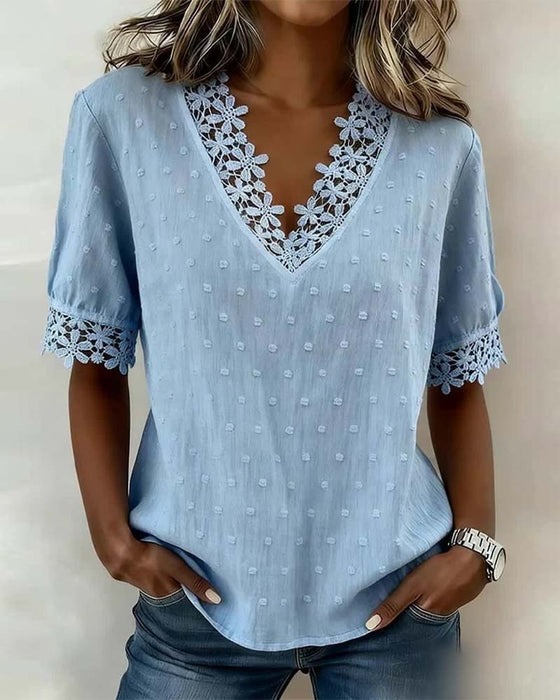 Bluse Spitze V-Ausschnitt 3D Blumig Uni