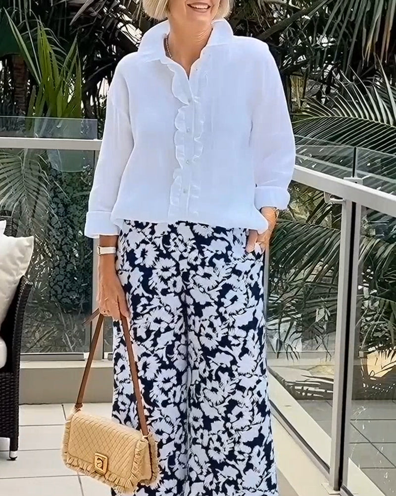 Bluse gerüscht langärmlig einfarbig Kragen