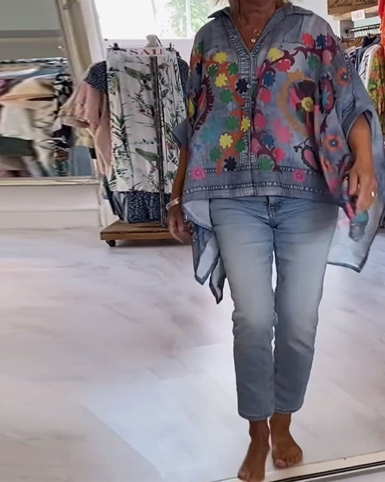 Blouse Unregelmäßiger Druck Gefälschter Denim