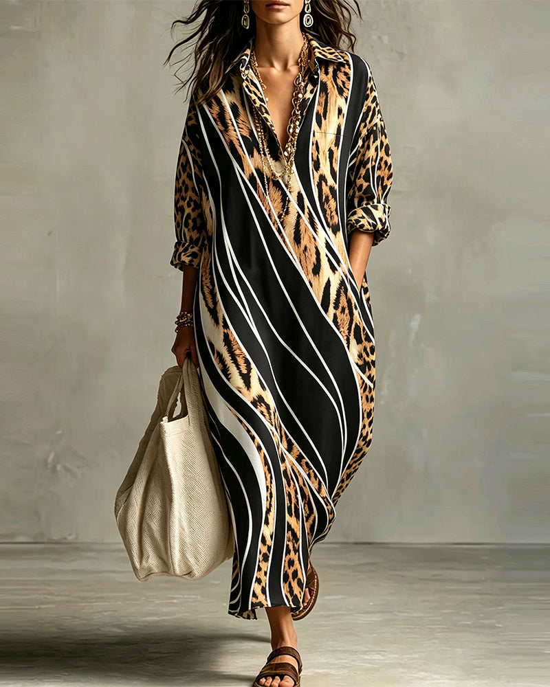 Kleid Leopard Diagonaler Streifen Revers