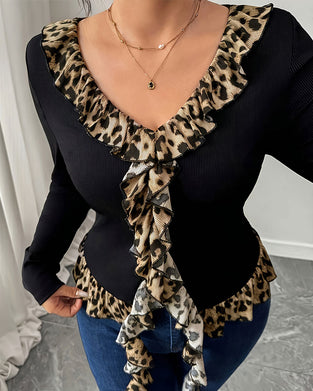 Top V-Ausschnitt Rüsche Leopard Druck