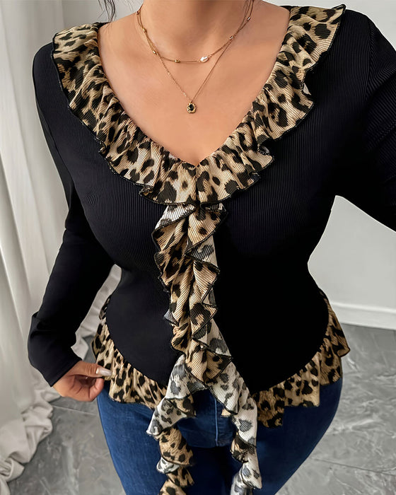 Top V-Ausschnitt Rüsche Leopard Druck