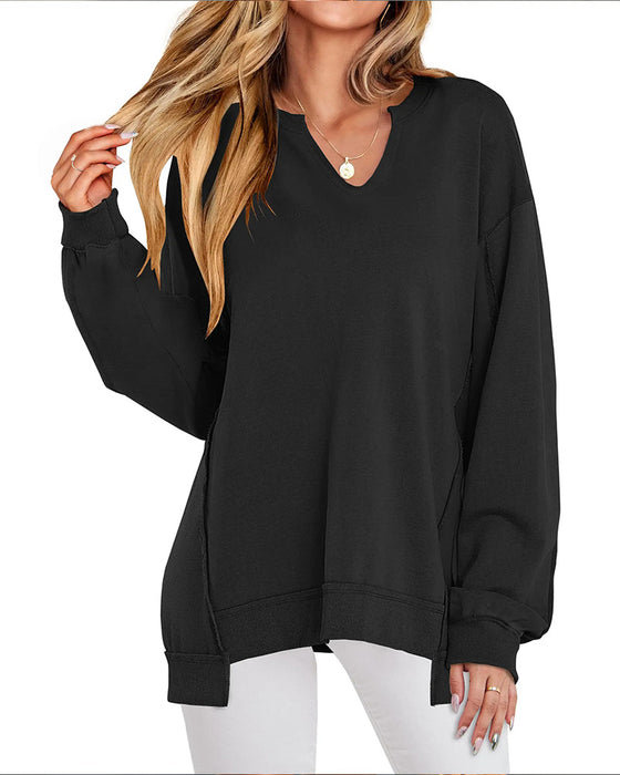 Kleiner V-Ausschnitt, Lässig Weites Langarm Sweatshirt