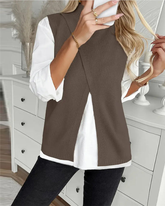 Pullover Elegant Ärmellos Rollkragen mit Schlitz