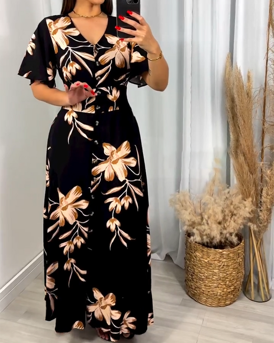 Kleid V-Ausschnitt Blumendruck Taille