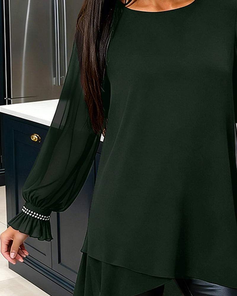 Bluse Perlenbesetzt Puffärmel Runder Halsausschnitt