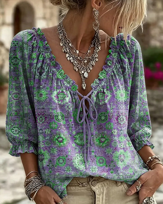 Bluse V-Ausschnitt Bindung Vintage Print