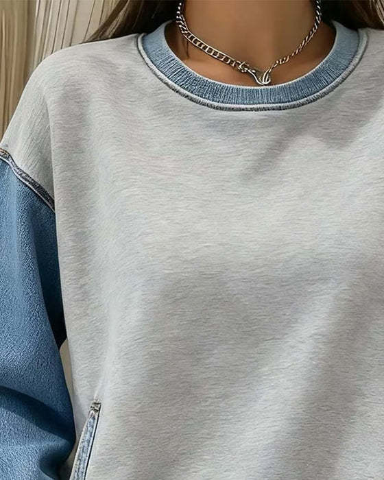 Sweatshirt Runder Ausschnitt Denim Patchwork