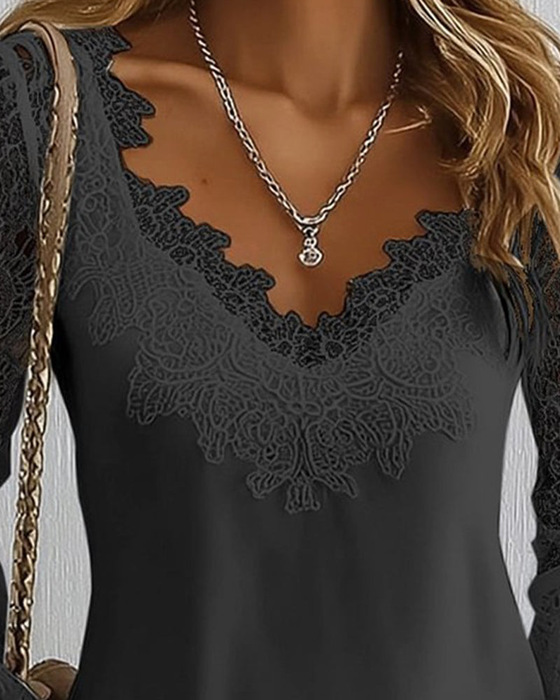 Top Patchwork langärmlig V-Ausschnitt