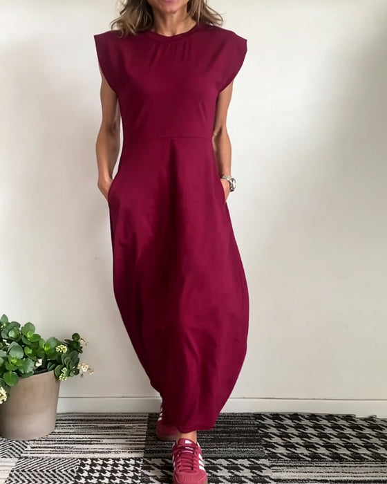 Kleid Rundhals Tasche Einfarbig