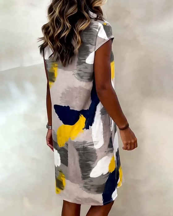 Kleid Runder Halsausschnitt Shibori Gedruckt