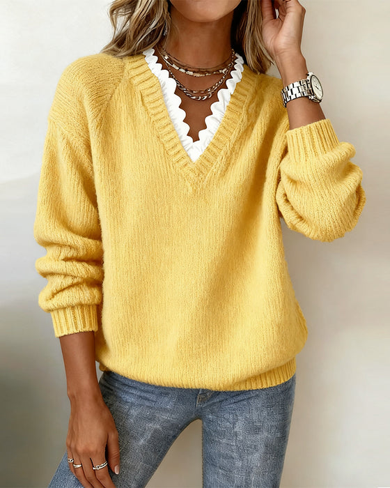 Eleganter Pullover Mit V-Ausschnitt Und Rüschen