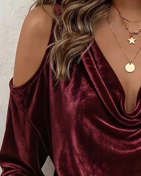 Bluse Samt Bardot Cowl Neck Langarm