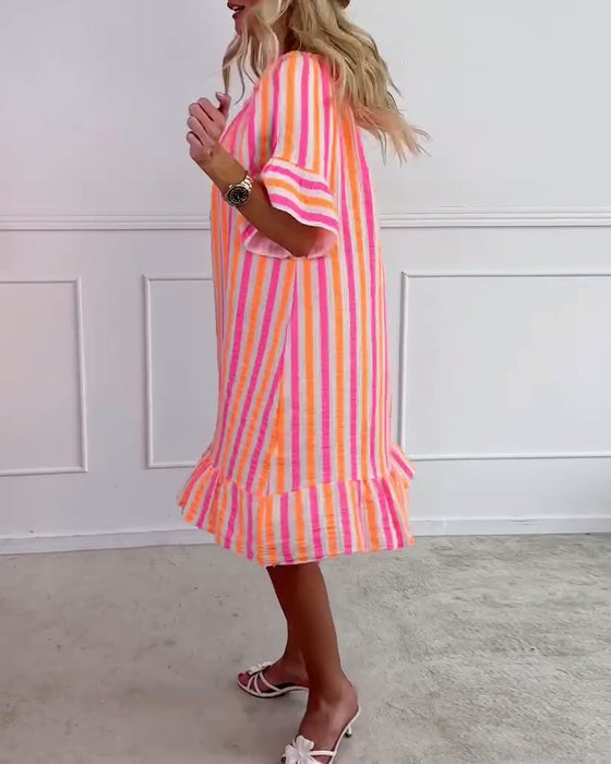 Kleid Rundhals gestreift plissiertes Shiftkleid