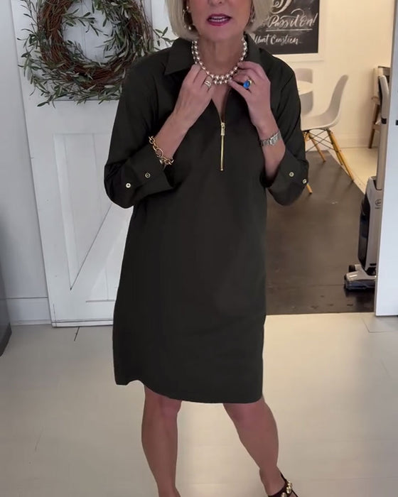 Kleid Halbzip Revers Dreiviertelärmel