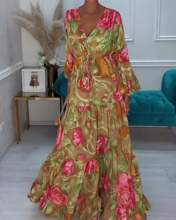 Kleid V-Ausschnitt Weiter Rock Blumen