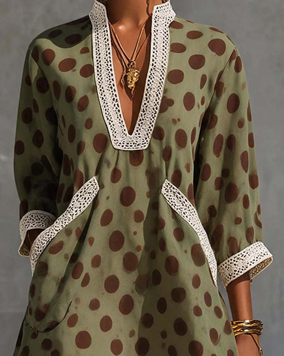 Kleid V-Ausschnitt Polka Dot Tasche