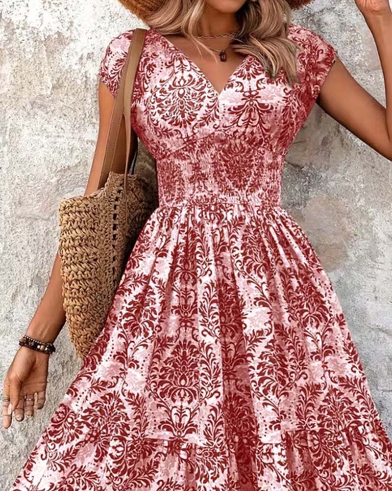 Kleid Retro Print V-Ausschnitt Tailliert Lang