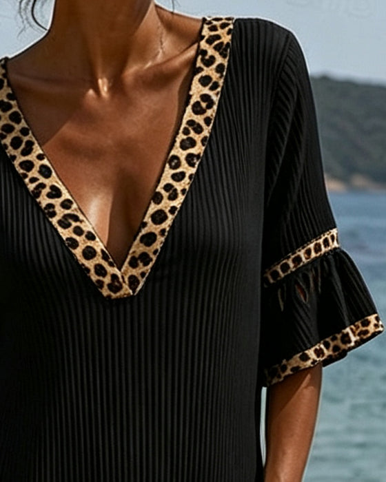 Kleid V-Ausschnitt Rüsche Leopard Patchwork