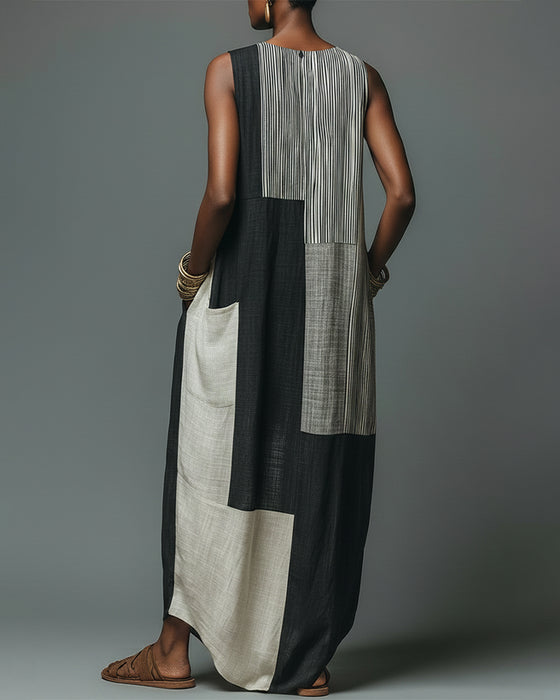 Kleid Patchwork Ärmellos Farbe Block Maxi
