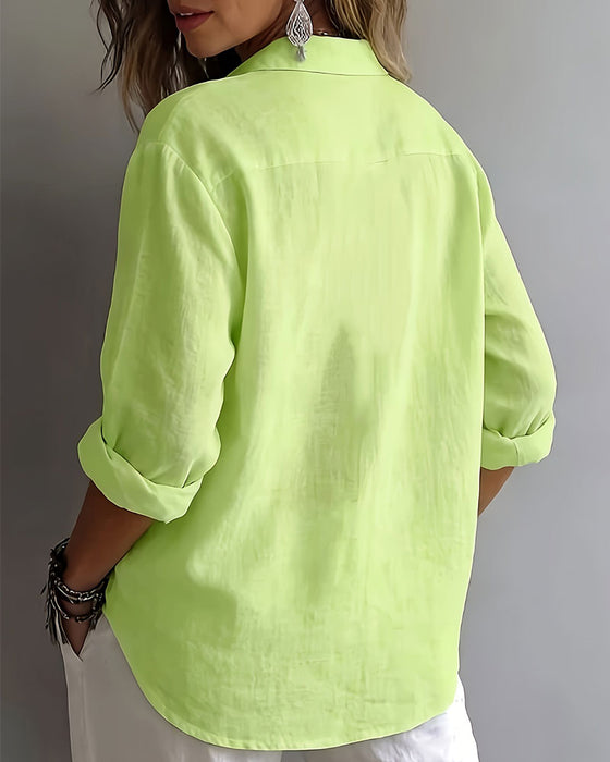 Bluse Einfarbig Revers Halbe Knopfleiste Langarm