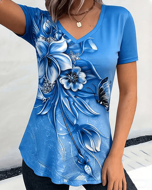 T-Shirt Blumen V-Ausschnitt Kurzarm