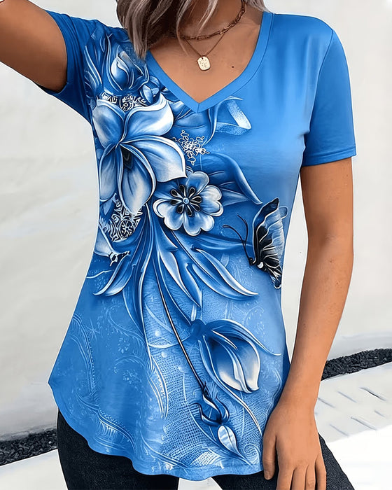 T-Shirt Blumen V-Ausschnitt Kurzarm