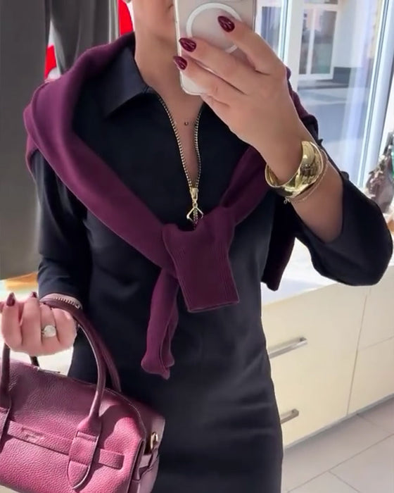Kleid Revers Schlitz Reißverschluss Langarm