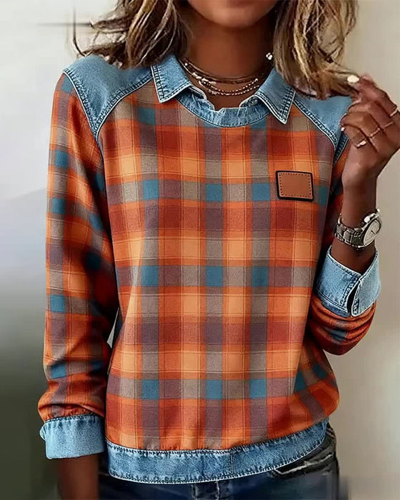 Sweatshirt Revers kariert Denim Patchwork