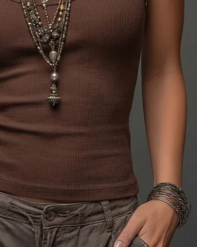 Tanktop Einfarbig Niete U-Ausschnitt