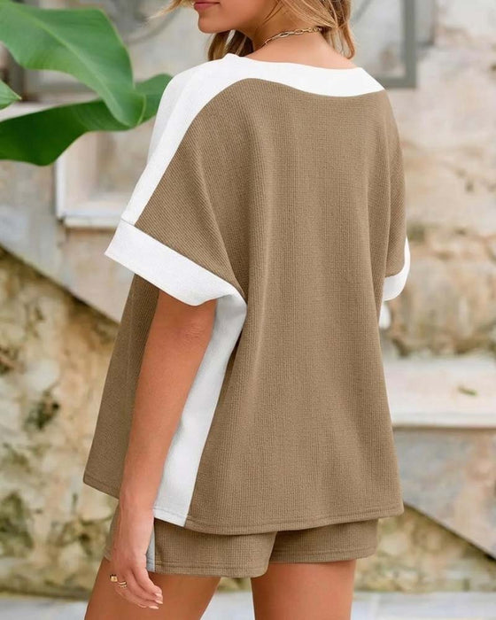 Set Farbblock Kurzer Ärmel Shorts Lässig