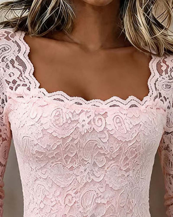 Bluse Quadratischer Ausschnitt Spitze Patchwork