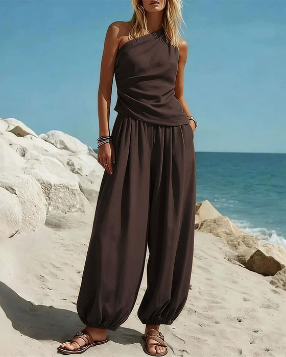 Set Ein Schulter Tank Top Hohe Taille Hose