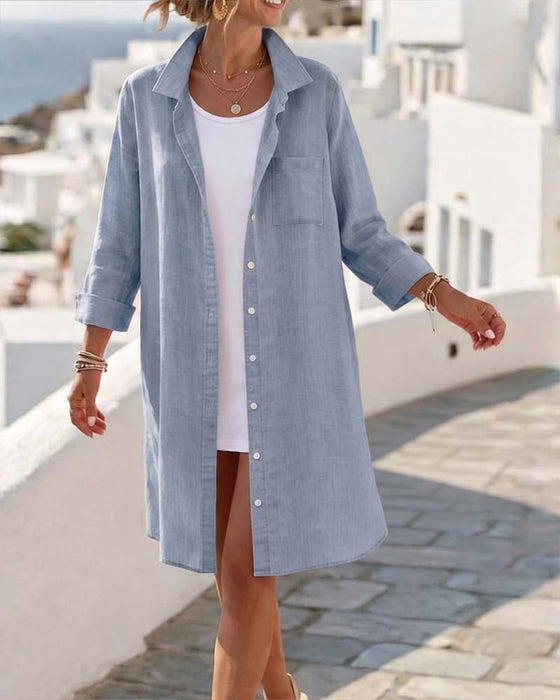 Kleid Revers Knopf Lang Hemd