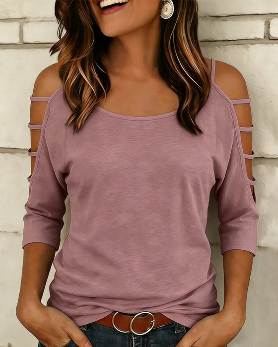 T-Shirt Uni Farbe Ellenbogenlang Ärmel Off-Shoulder