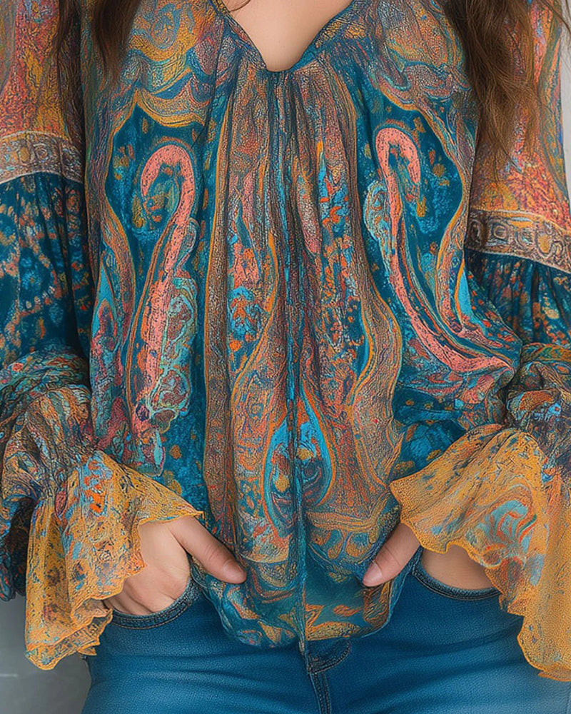 Bohemische V-Ausschnitt-Bluse Mit Ausgestellten Ärmeln