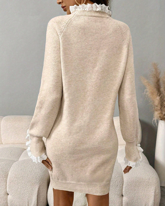 Elegantes langärmliges Strickkleid mit Spitze