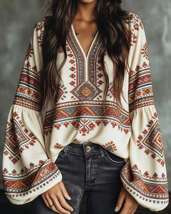 Bluse Ethno Geometrisch Print Laternenärmel