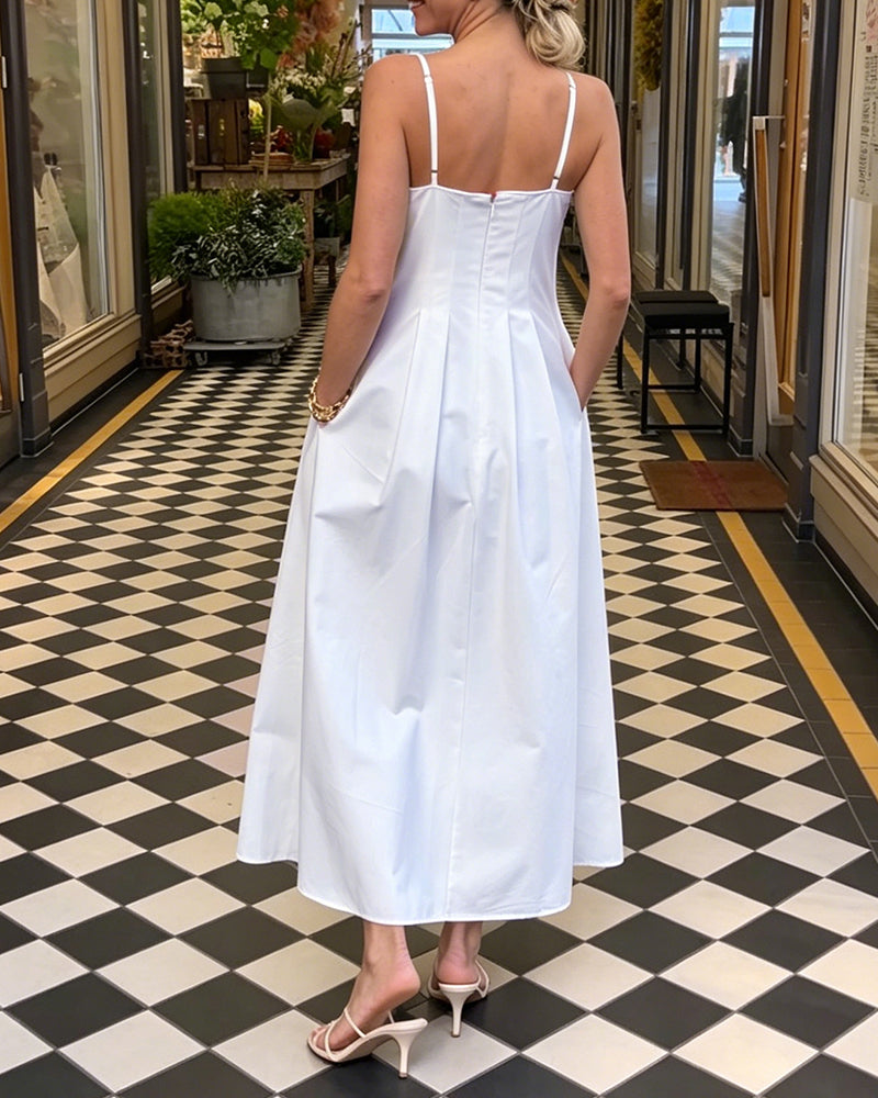 Kleid V-Ausschnitt Spaghettiträger Einfarbig