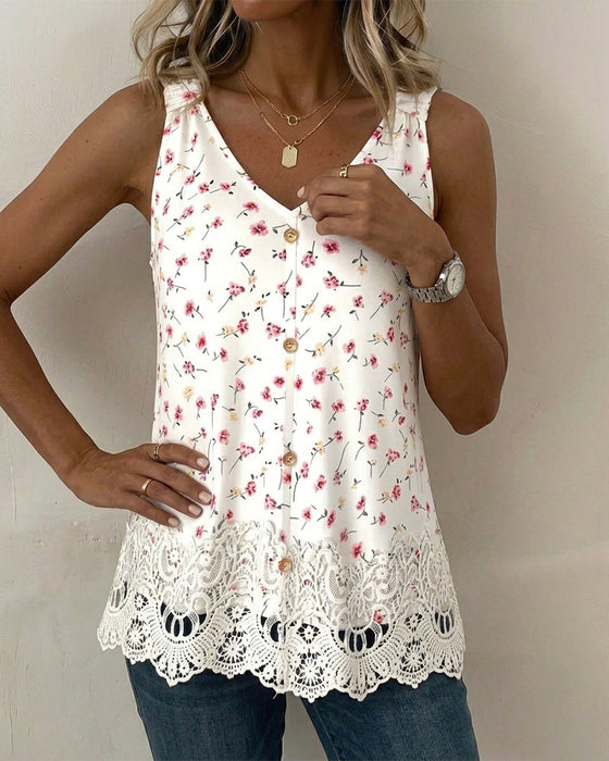 Tank Top V-Ausschnitt Spaghettiträger Blumig Spitze Patchwork
