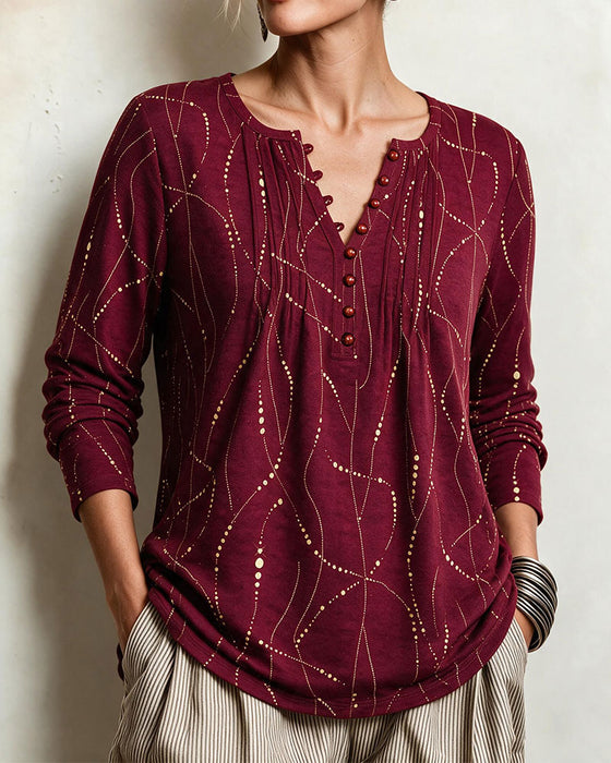 Bluse V-Ausschnitt Knopf Gerafft Linie