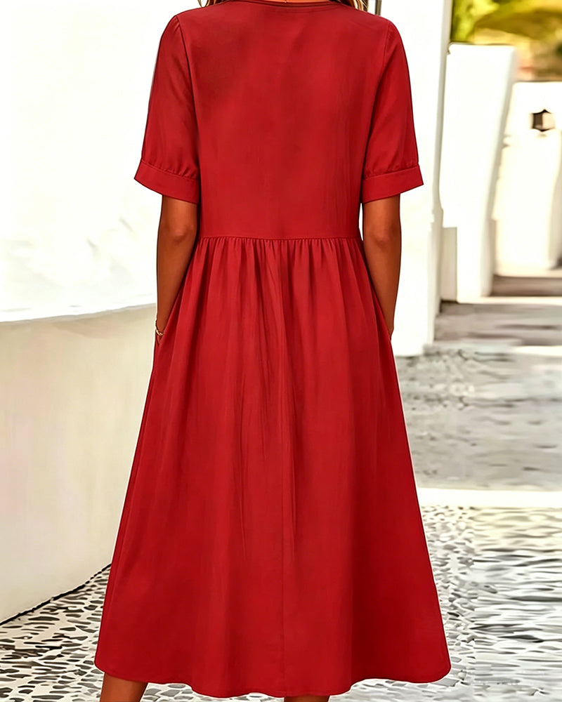 Kleid Rundhals Kurzarm Einfarbig Farbe